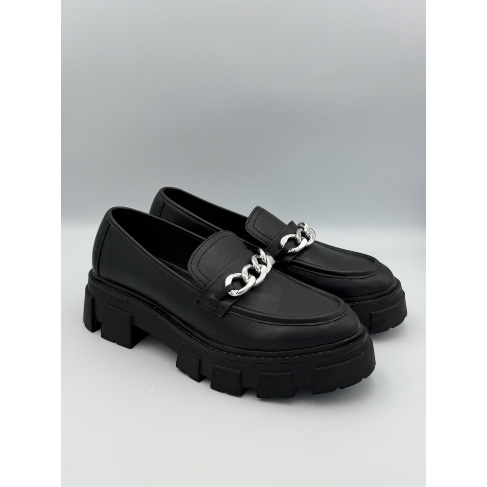 Chunky Lug Sole Loafers Womens 8 Black Chain Platform Preppy Grunge Goth EUC